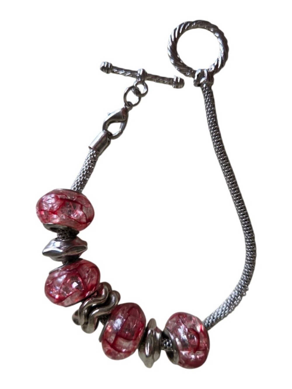 pink crackle glass bead toggle bracelet silver tone snake chain pandora style